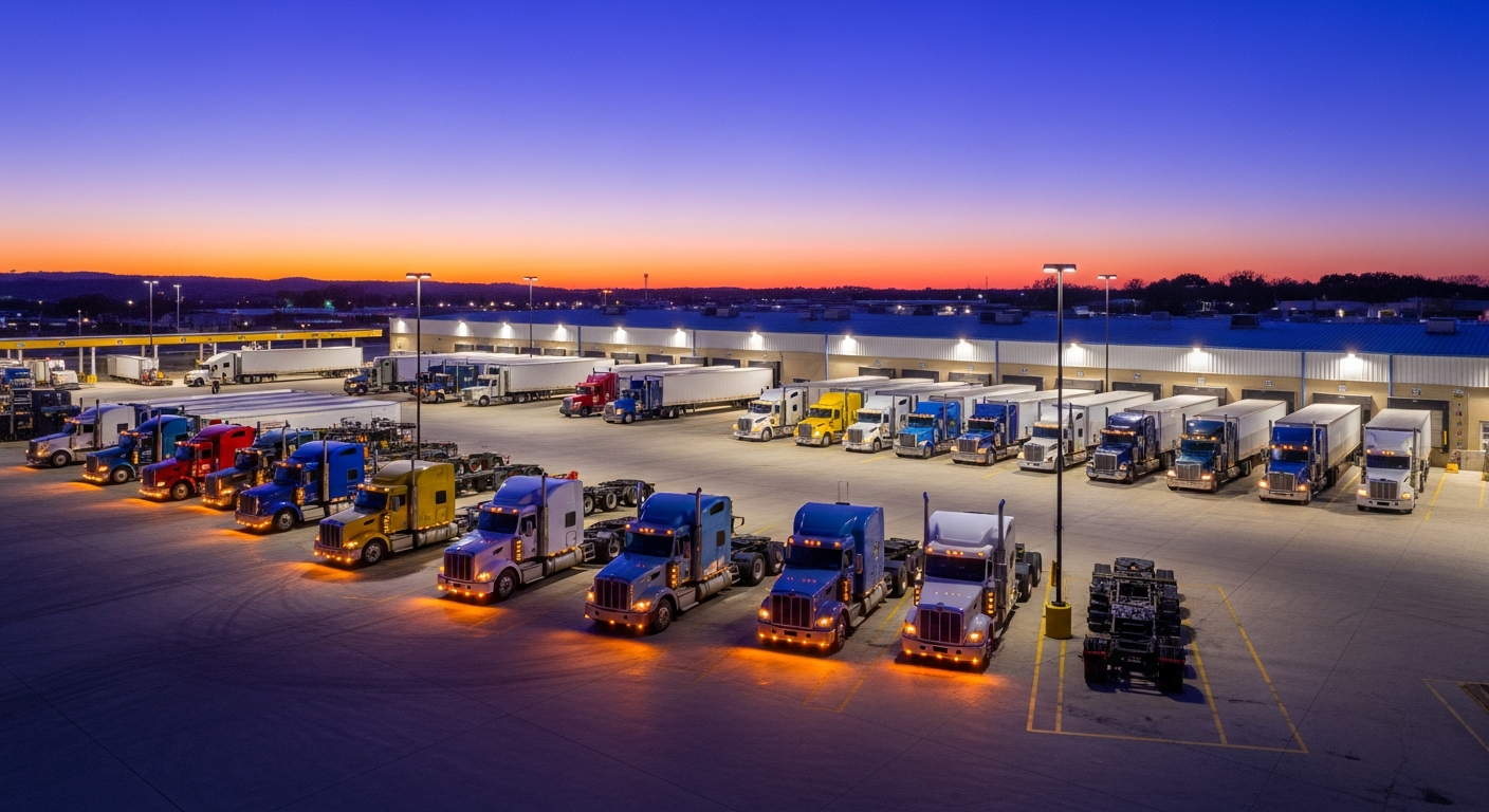 Fleet of trucks at distribution center