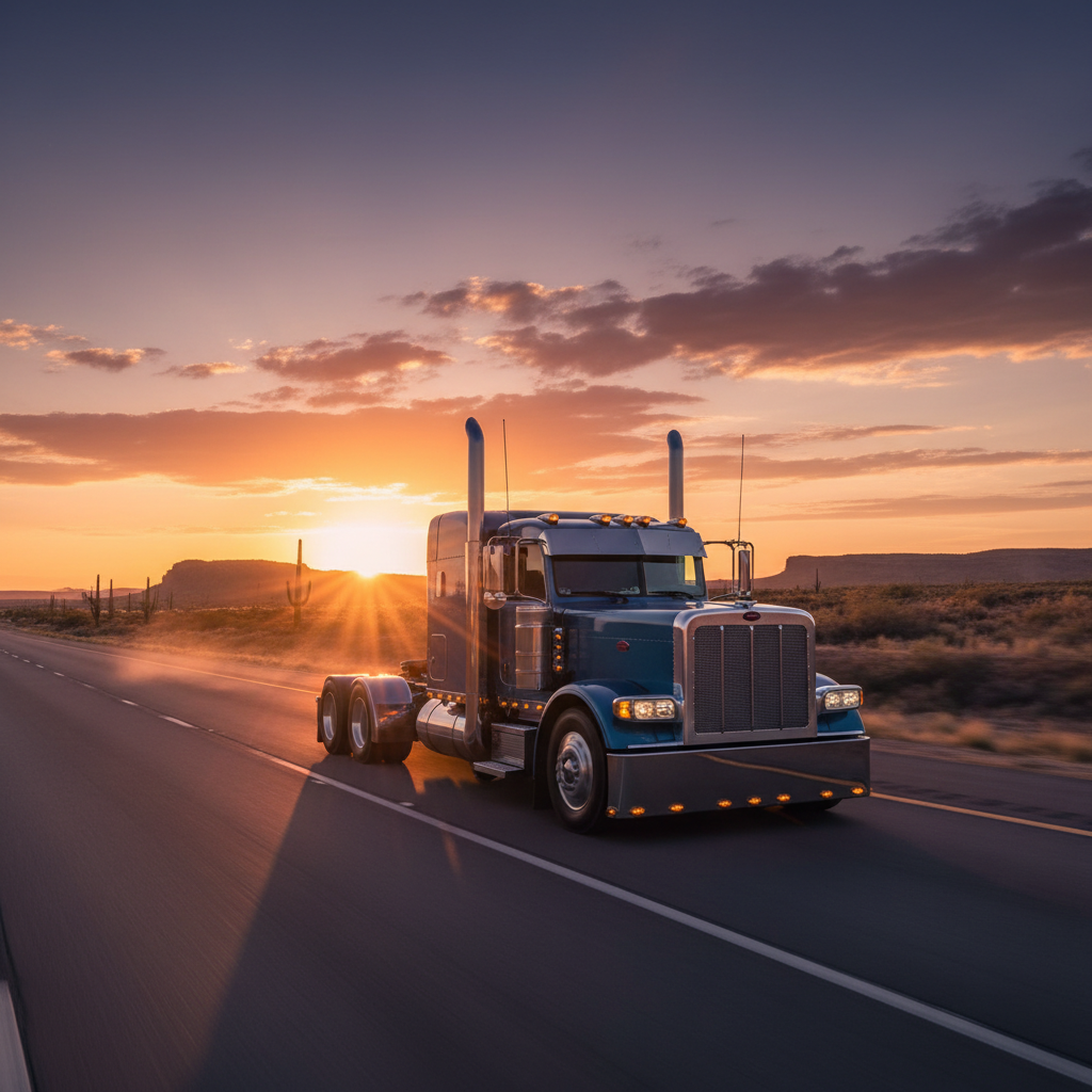 Semi truck at sunset